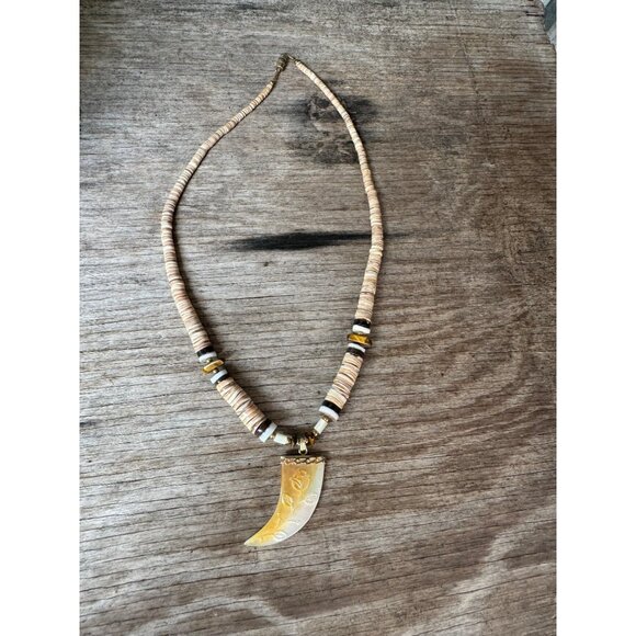 Handcrafted Boho Seashell Necklace With Carved Horn Pendant - Picture 2 of 8